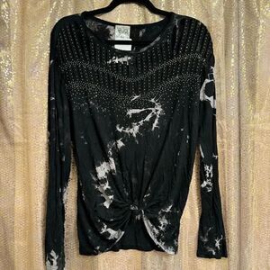 Vocal Black Bling Rhinestone Laser Cut Tie Dye Long Sleeve T Shirt Small NWT